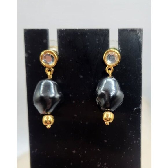 Black Tumbled Bead With Rhine Stone Accent Dangle Earrings - Picture 2 of 2